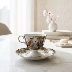Royal Halsey Very Fine L M Teacup & Saucer Black Gold Lustre Courting Scene